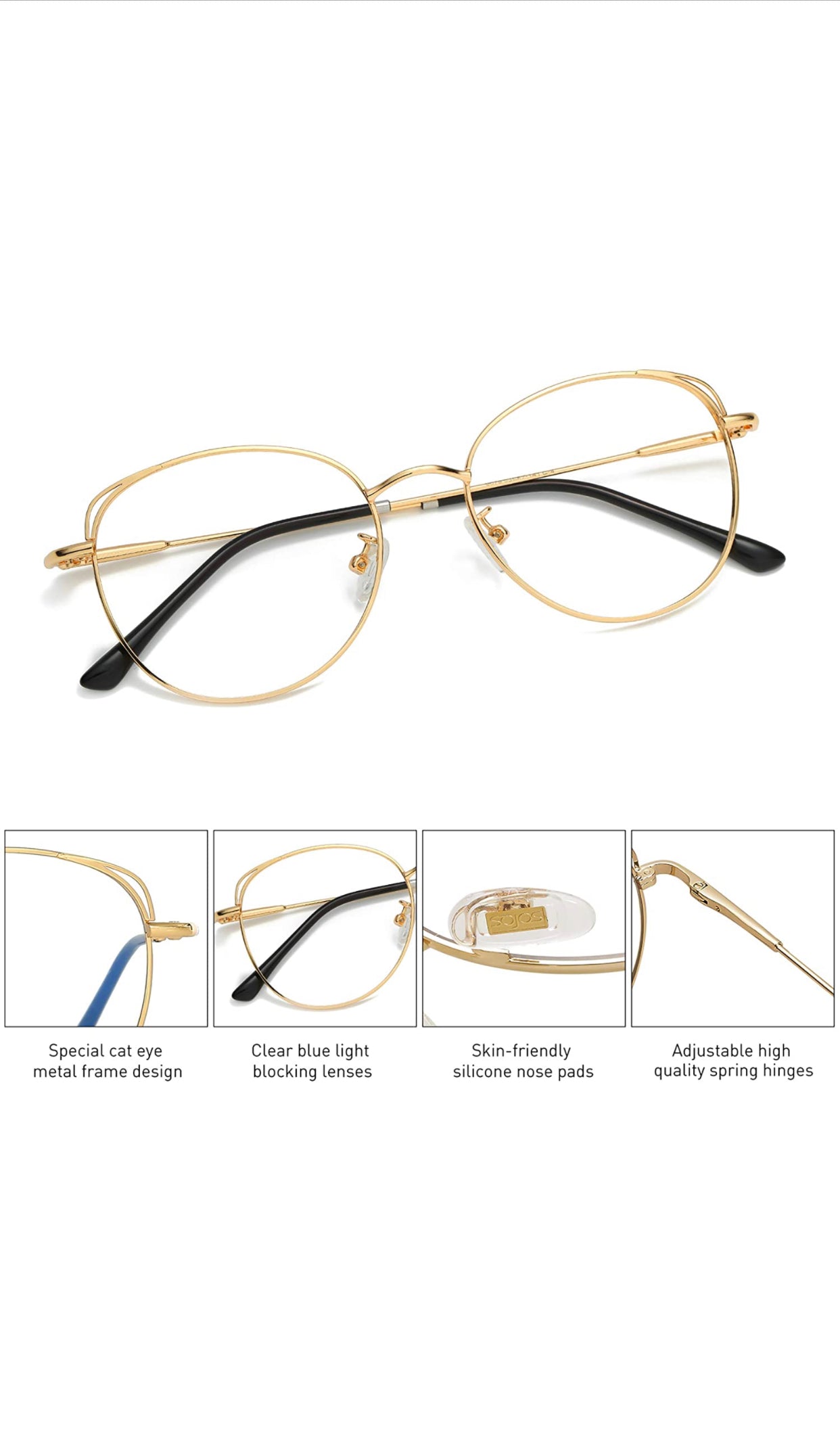 SOJOS Lunettes Anti-Lumière Bleue Oeil De Chat Branchée métal Pour Femmes She Young