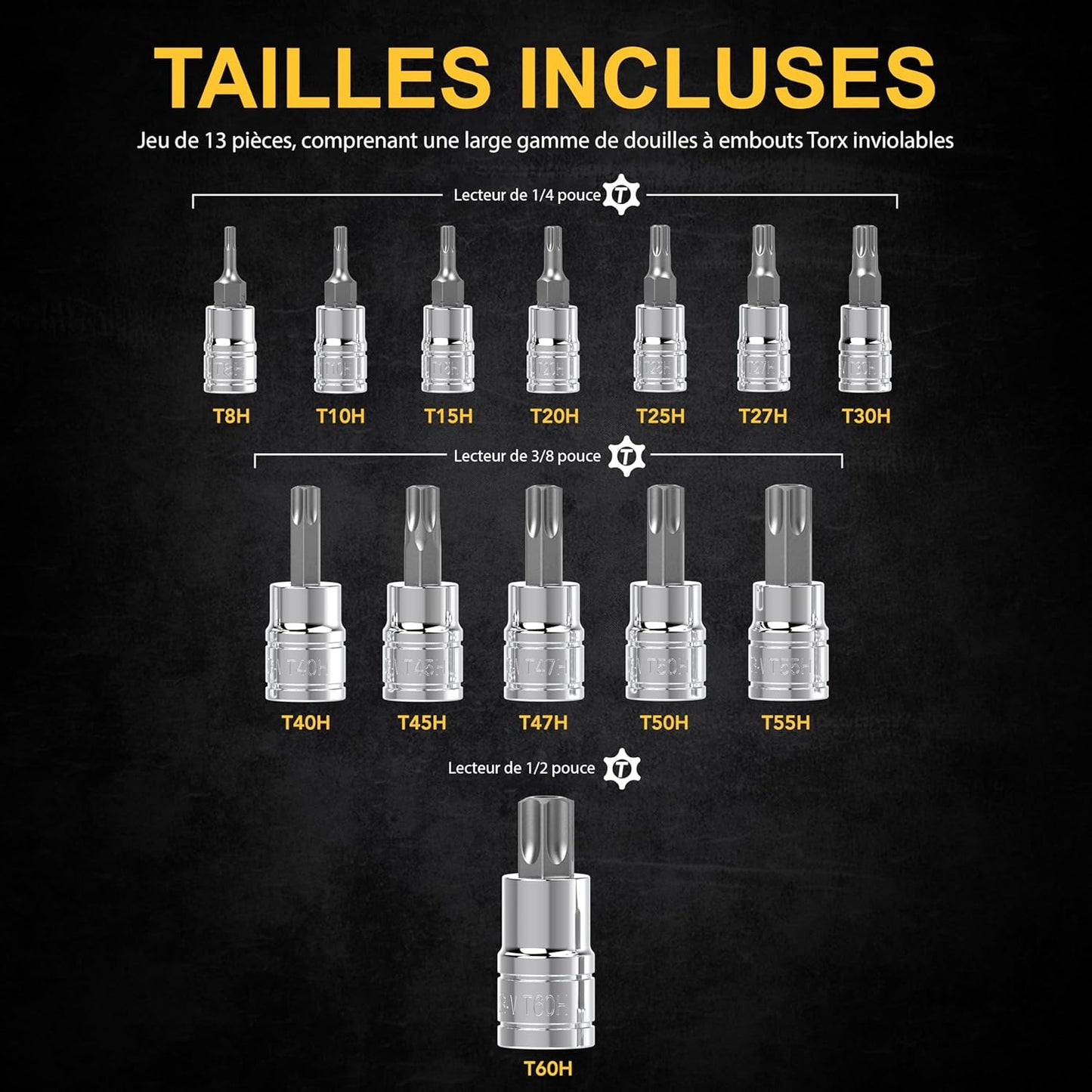 Set de 13 Douilles Tamper Proof Torx | Jeu de Sécurité douilles à embouts étoilé, taille de T8, T10, T15, T20, T25, T27, T30 T40, T45, T47, T50, T60 | entraînement 1/4 3/8 1/2, pour clés et perceuses