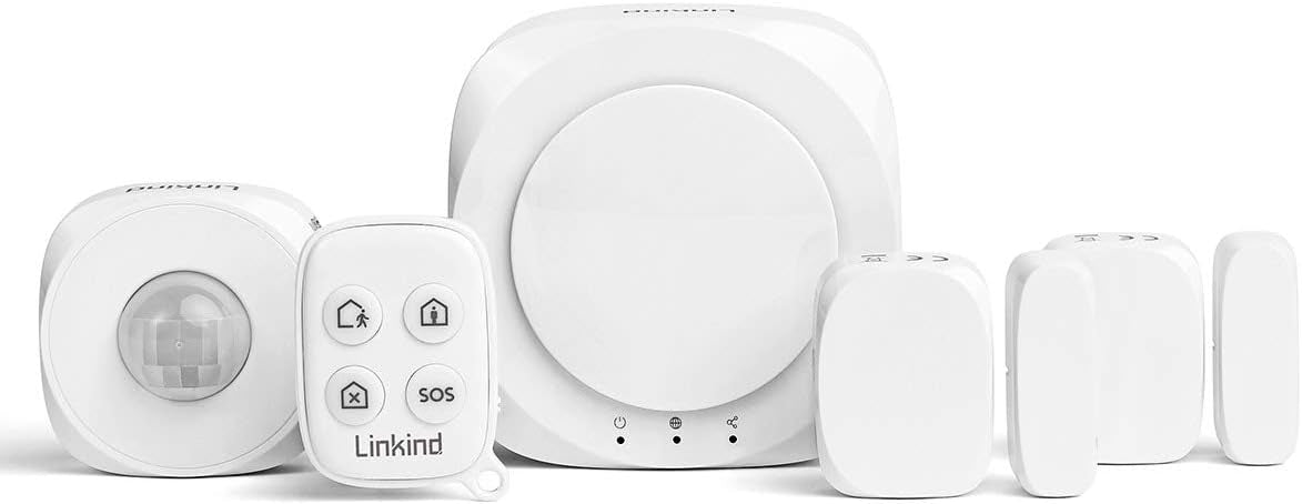 Linkind Kit d'alarme facile à contrôler, téléphone portable (App), 1 Keyfob, 1 détecteur de mouvement, 2 capteurs de porte/fenêtre, système d'alarme complet