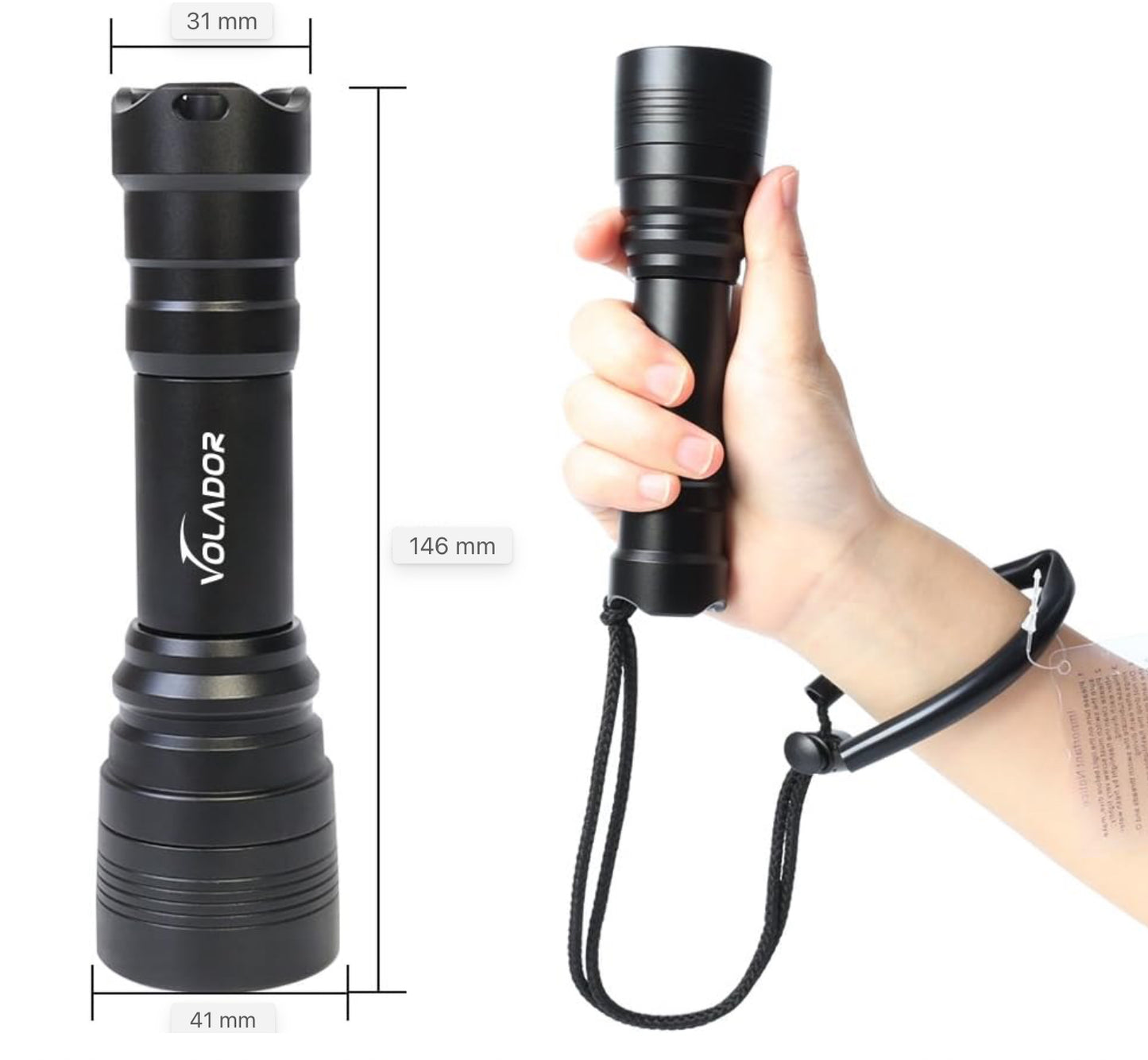 Lampe de poche Volador pour la plongée, 1000 lumens, rechargeable, lampe de poche sous-marine, 150 mètres de plongée, avec 1 x 18650 batterie et chargeur, lampe de poche de plongée