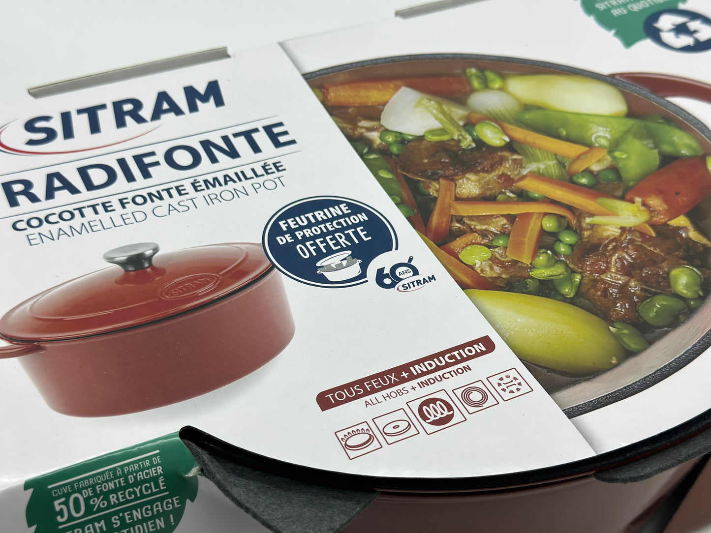 SITRAM Cocotte induction fonte émaillée recyclée ronde 5 L bleu/rouge 25 x 12 cm neuve