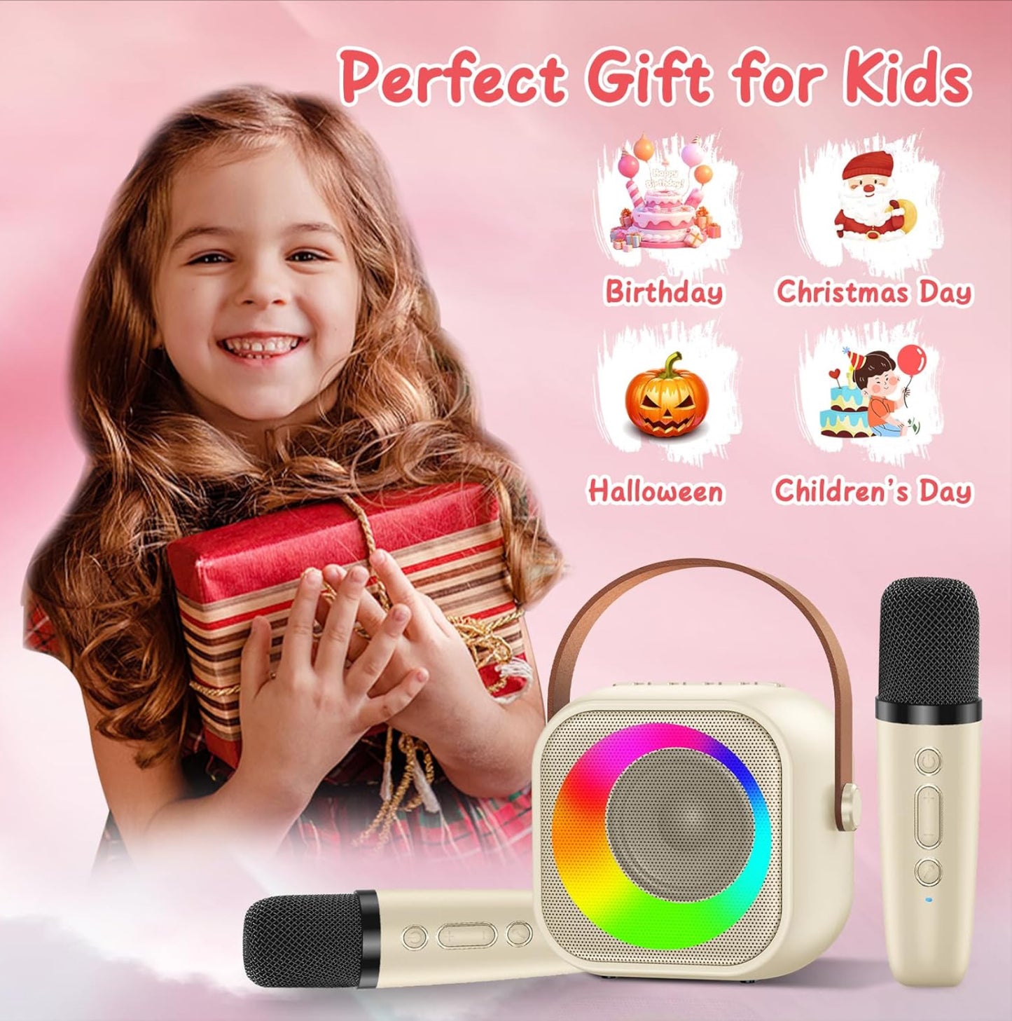 Machine à Karaoké pour Enfants 3-12 Ans - Micro sans Fil Bluetooth, 2 Micros, Lumières LED, Transformateur de Voix - Cadeau Anniversaire Fille/Garçon, Jeux de Musique Famille - Batterie Rechargeable
