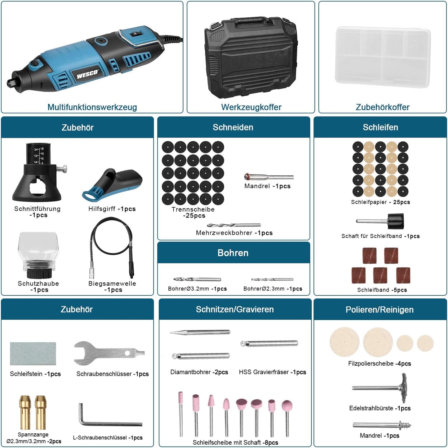 WESCO - WS3113KU.1 Kit d'outils rotatifs, 7 vitesses variables, 82 accessoires, 35 000 tr/min, arbre extensible, bloc sans clé, pour sculpter, polir, couper, graver