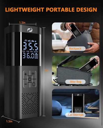 Compresseur à Air Portatif, Gonfleur Pneus Voiture sans Fil avec Jauge, Accessoire Voiture pour Hommes, Mini Compresseur 150PSI 12V DC avec Lumière LED pour Voiture Moto Bicyclette Boule