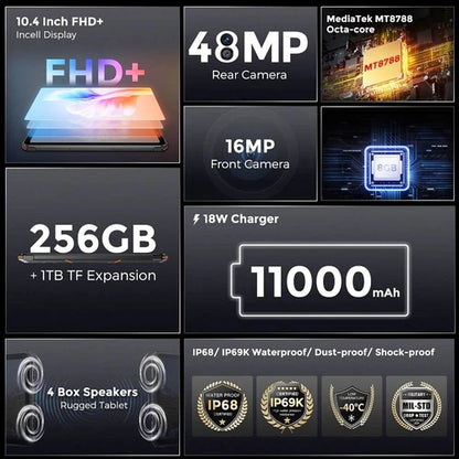 Tablette androïde 13, écran 10,4’’, 8go RAM, 256go ROM, ultra resistante, double SIM 4G, anti-choc neuve
