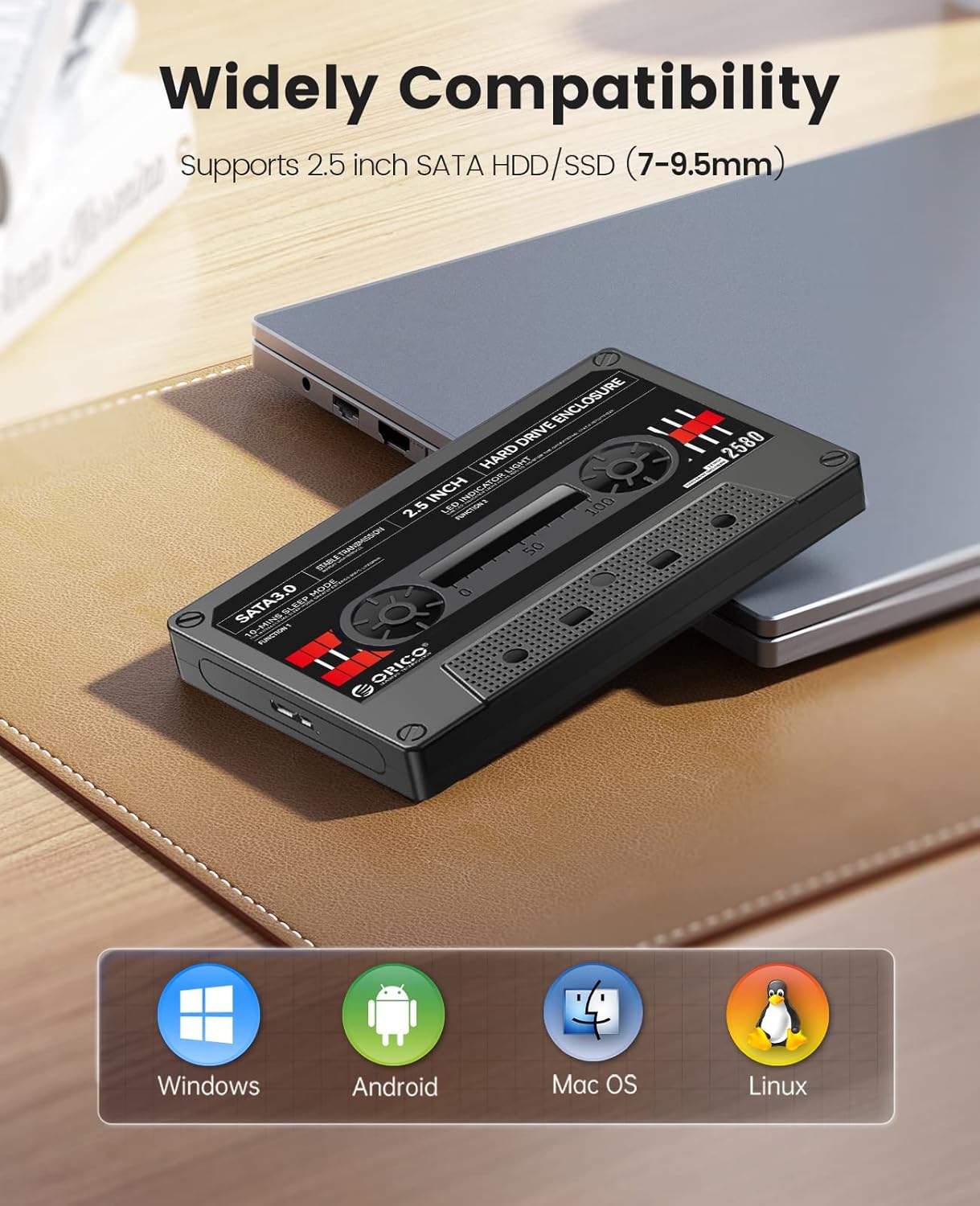 Boîtier Disque Dur 2,5'' USB3.0 vers SATA, Tape-Retro Boîtier pour Disque Dur Externe pour Disque Dur SSD de 7/9,5 mm, Supporte UASP et Une Capacité Jusqu'à 6TB, Noir(2580U3-V1-BK)