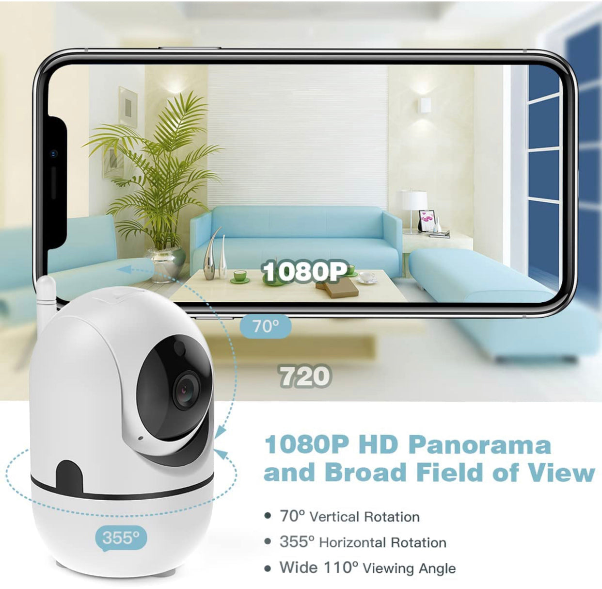 Caméra Surveillance IP WiFi 1080P FHD sans Fil 2,4 G Vision panoramique de sécurité avec détection M