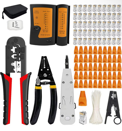 RJ45 Outils Kit Réseau Professionnel Pince à Sertir RJ12 RJ11 CAT5 CAT6 Cirmpature pour Câbles Réseau Entretien Kit LAN Testeur de Câble Outils de Réparation (Noir