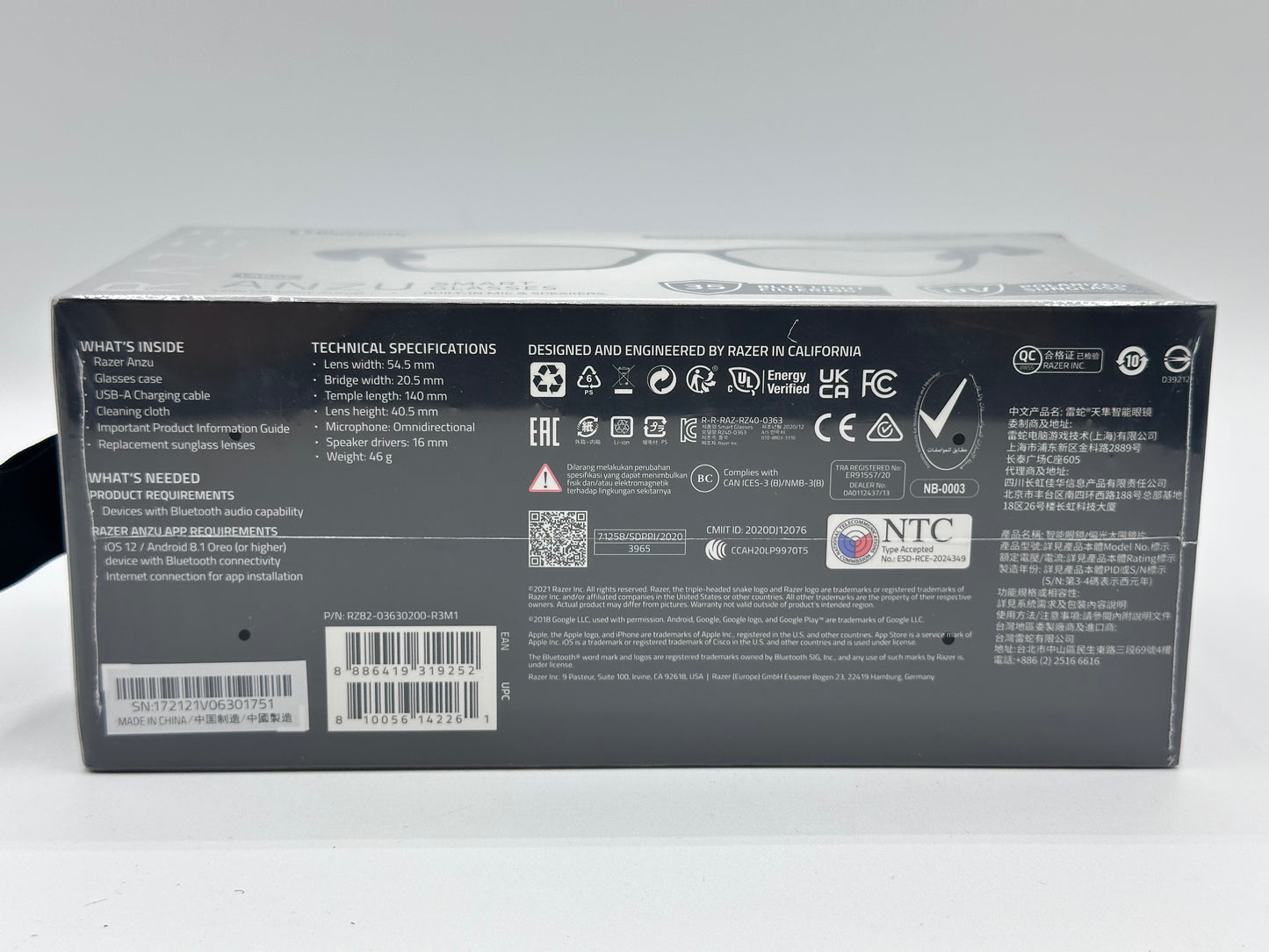 Lunettes à filtre anti-lumière bleue ou lunettes de soleil audio (Rectangle, Large) (Son à faible latence, Conception IPX4 résistante à l’eau, Micro intégré et haut-parleurs) Noir Razer Anzu