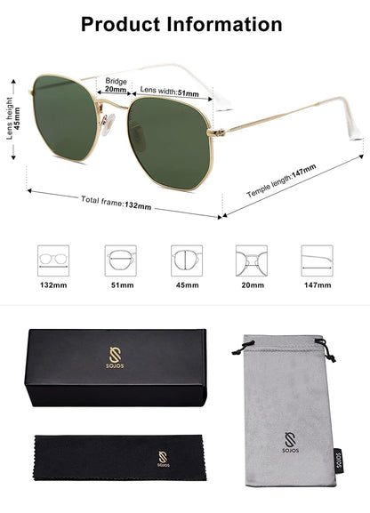 Lunettes de Soleil Moderne Géométrique Métal Temples Minces Polarisé Lentille Plate Hexagonal pour Femmes et Hommes