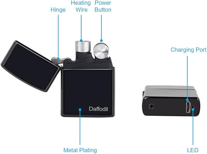 Daffodil Briquet USB Electrique Rechargeable Noir Tempête sans Flamme Anti-Vent Briquet Électronique à Batterie Rechargeable Via USB