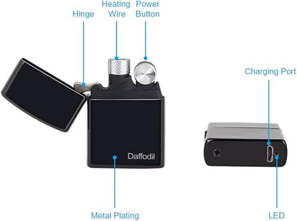 Daffodil Briquet USB Electrique Rechargeable Noir Tempête sans Flamme Anti-Vent Briquet Électronique à Batterie Rechargeable Via USB