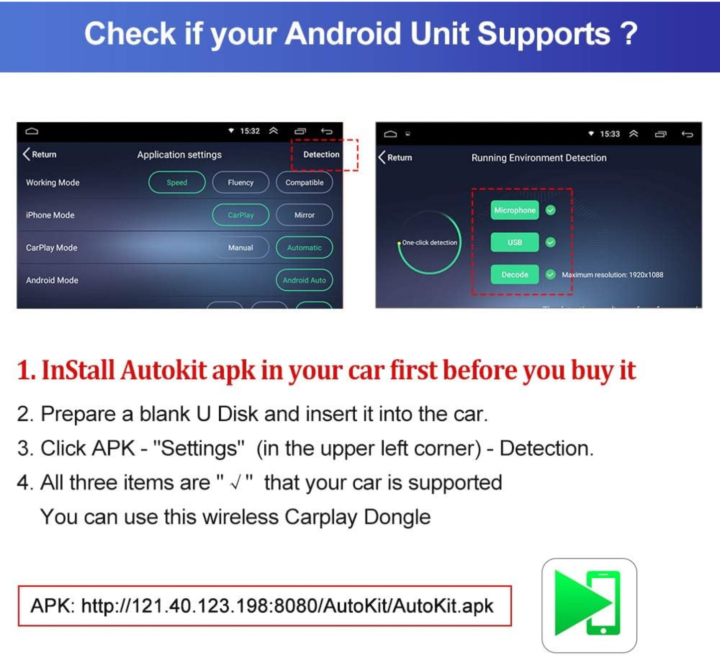 CarlinKit 2022 Nouveau CarPlay sans Fil and Filaire Android Auto Adaptateur,Applicable au système de Voiture Android de Rechange 5.0 ou supérieur(Veuillez Installer autokit.apk Avant d'acheter)