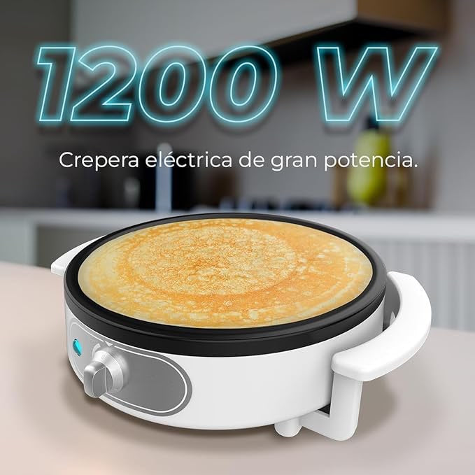 Crêpière, 1200W de Puissance, Revêtement Antiadhésif, Rouleau d'Espacement et Spatule neuf
