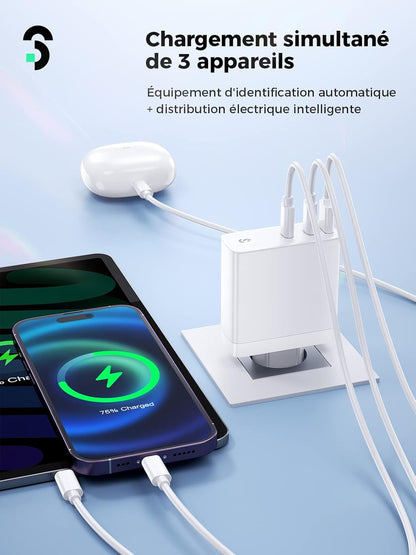140W GaN Chargeur USB C - SOOMFON PD 3.1 Laptop Chargeur Rapide 3 Ports, Compatible avec MacBook Pro 16″/Air, iPad Pro, iPhone 14/13/12 Pro Max, Galaxy S22/S21, Pixel, Xiaomi et Plus Encore