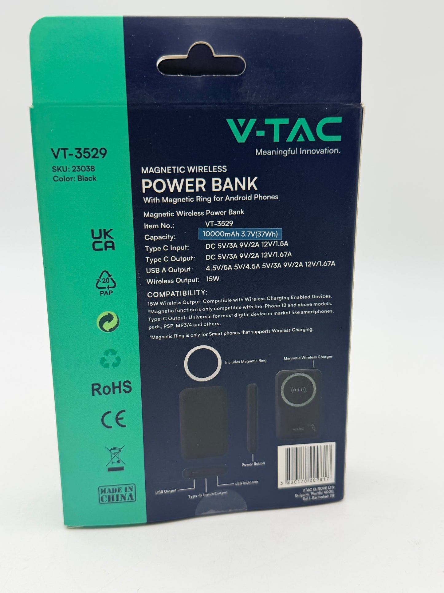V-TAC Power Bank Magnétique Compatible avec MagSafe - 10 000 mAh - Charge Rapide PD 20 W - Batterie Externe pour Apple iPhone 12/13/14/15/Mini/Pro/Max - Noir