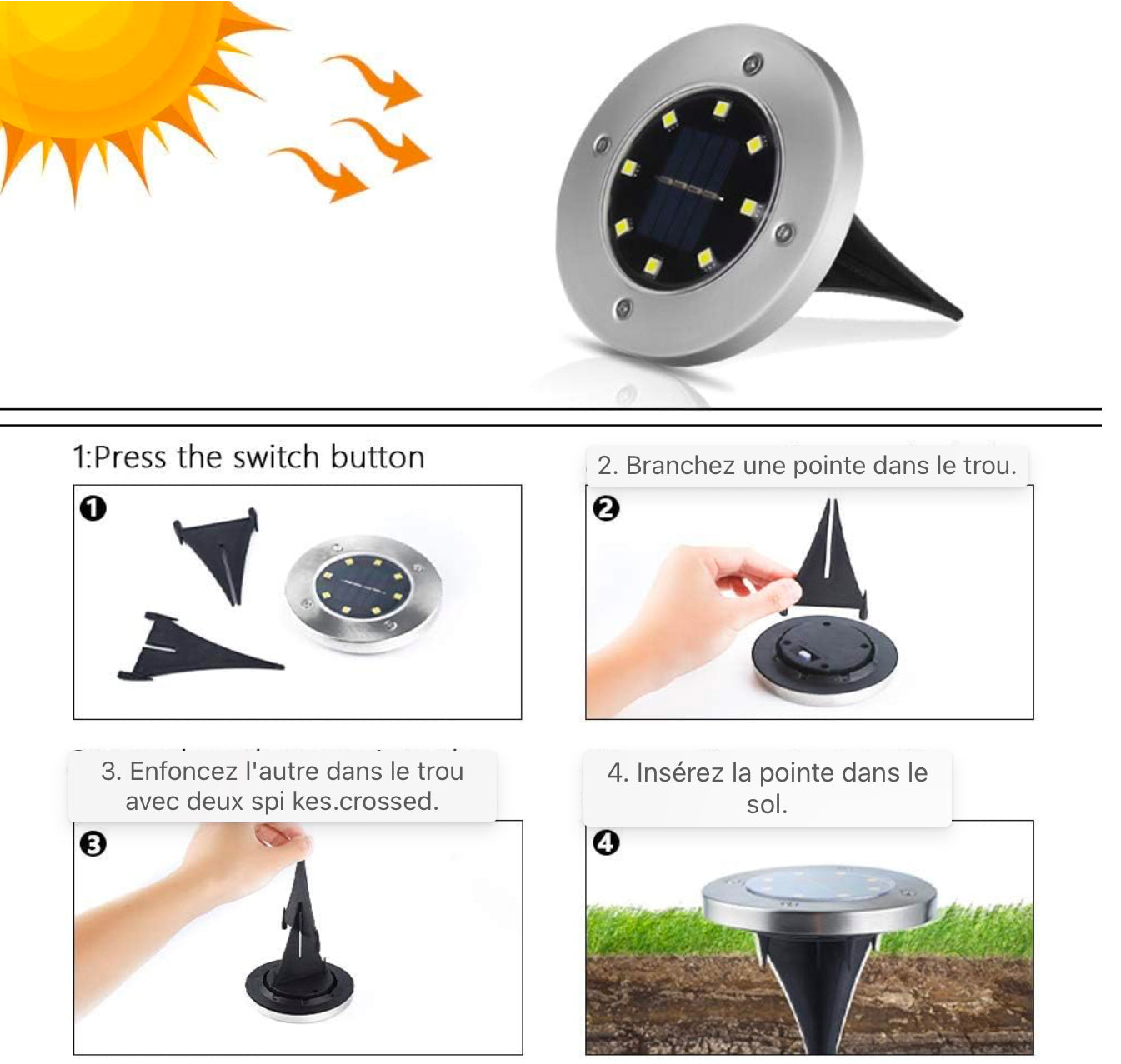 Lampadaires solaires, 8 LEDs Lampadaires solaires Lampes de jardin solaires d'extérieur Lampes solaires blanches chaudes IP65 Projecteurs de sol étanches Lumière de paysage de jardin pour pelouse [6 pièces]