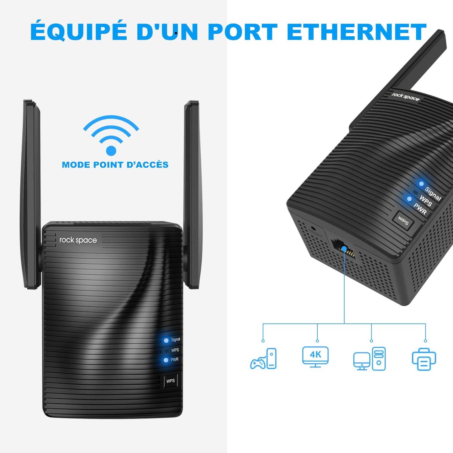 Répéteur WiFi 1200 Mbps Dual Band (5 GHz et 2,4 GHz) avec Port Ethernet, Installation Instantanée Via Bouton WPS - Étend la Couverture jusqu'à 200 m²