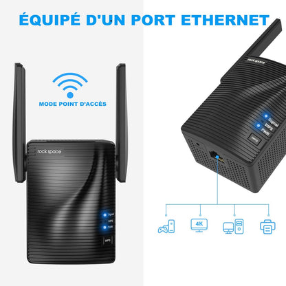 Répéteur WiFi 1200 Mbps Dual Band (5 GHz et 2,4 GHz) avec Port Ethernet, Installation Instantanée Via Bouton WPS - Étend la Couverture jusqu'à 200 m²