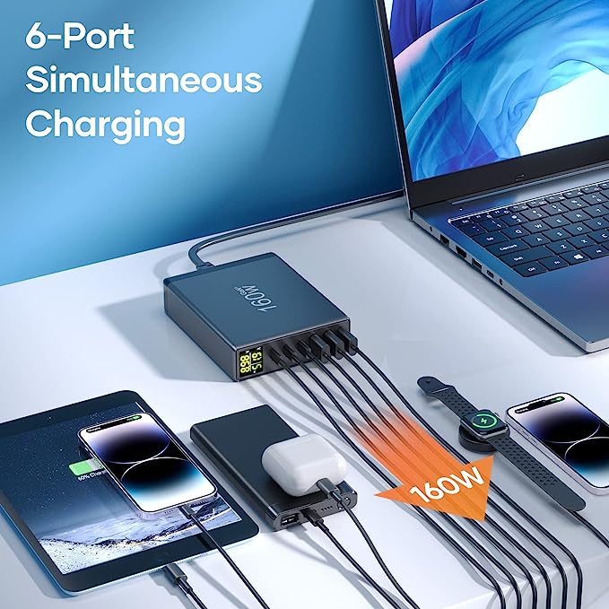 Chargeur USB C Multiple 160W, PD3.0 QC4.0 PPS 6 Ports Indépendante USB Neuf