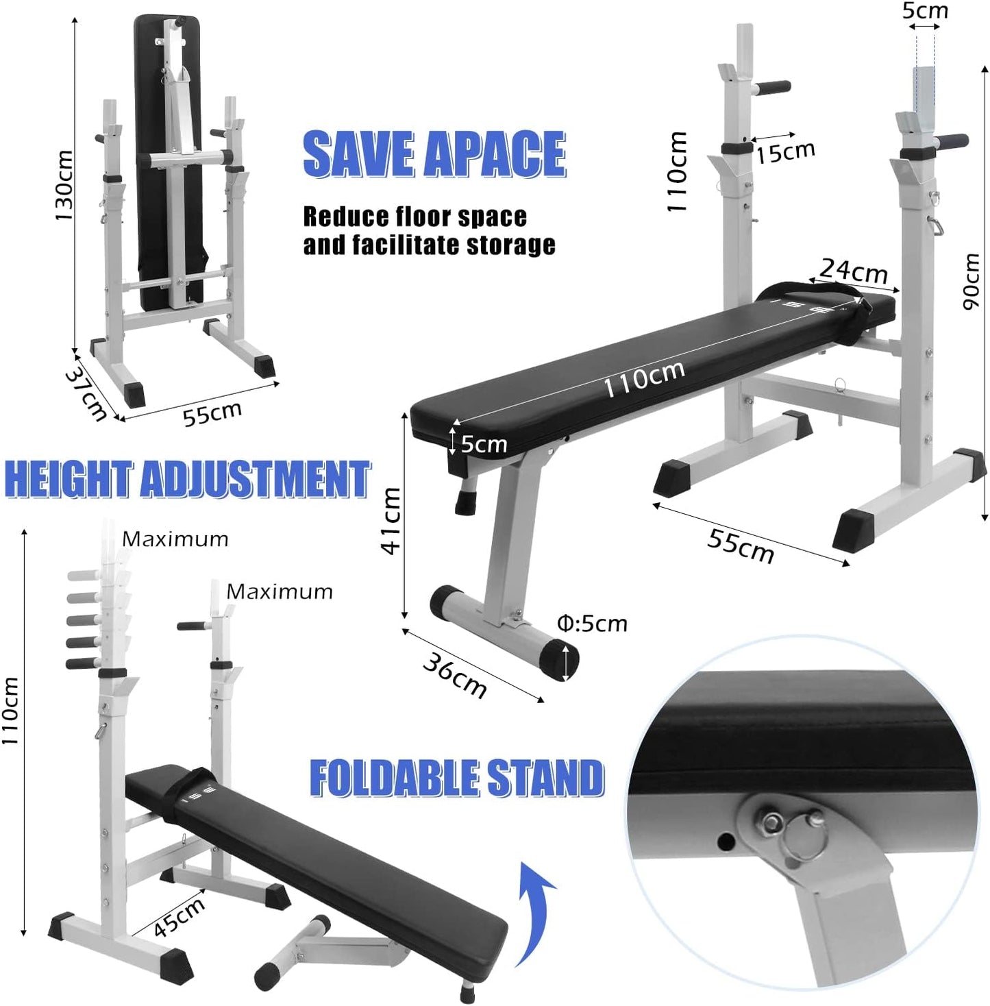 Banc de Musculation Pliable, Complet Réglable avec Support de Barres pour Haltère et Station à Dips