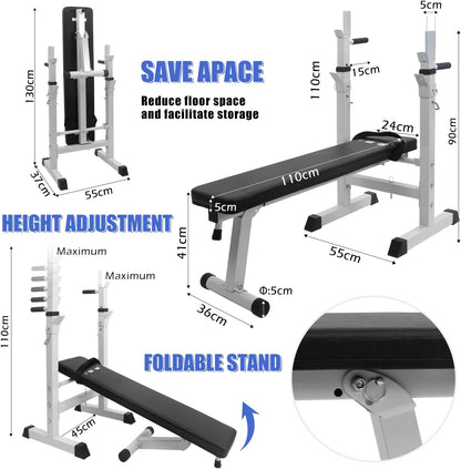 Banc de Musculation Pliable, Complet Réglable avec Support de Barres pour Haltère et Station à Dips