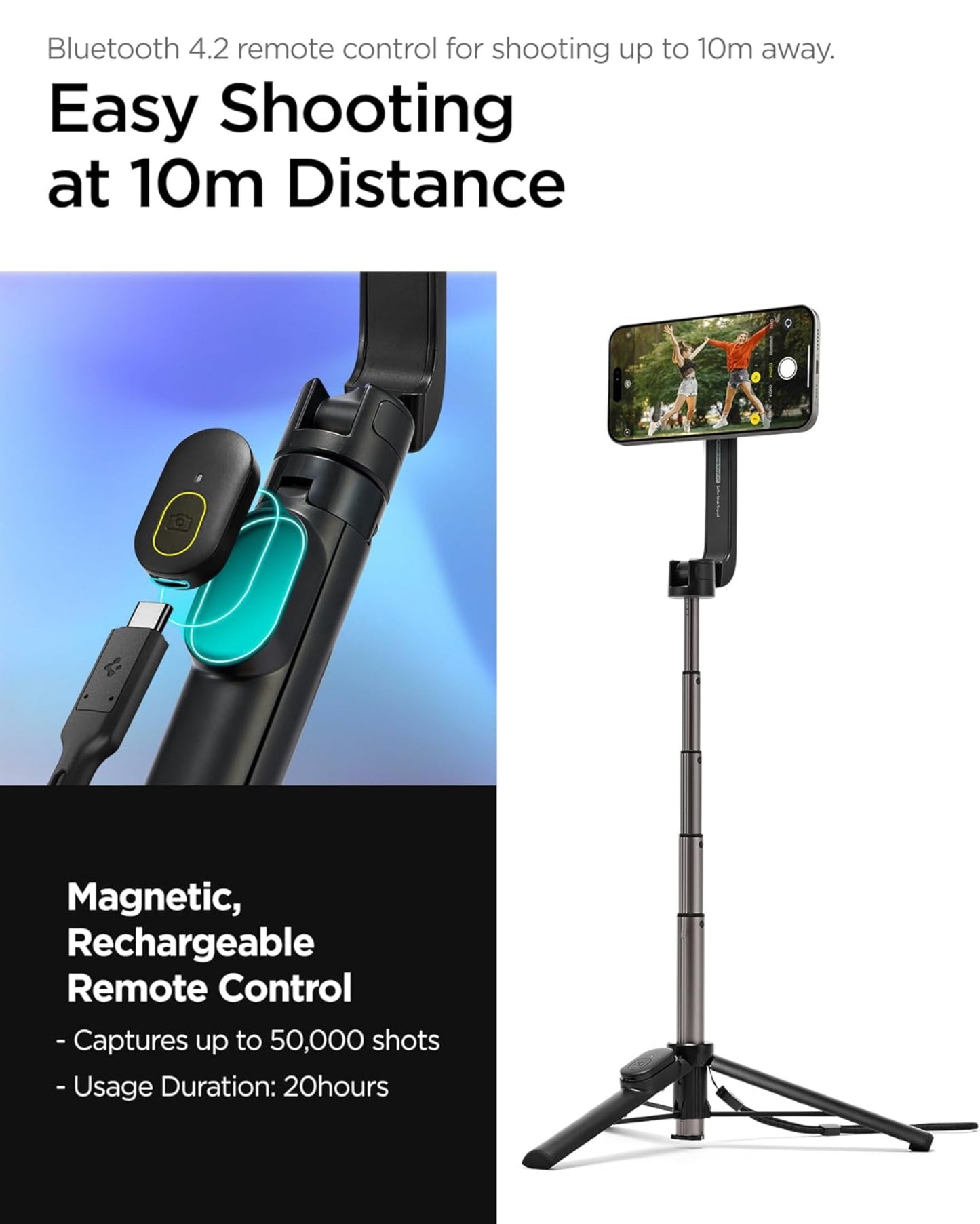Spigen Perche à Selfie Wondersnap MagFit Trépied Smartphone Bâton Selfie Portable Télescopique pour iPhone, Galaxy, Pixel, Xiaomi, Huawei, GoPro - Noir