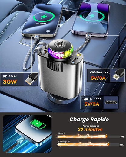 Chargeur 5 en 1 Chargeur Allume Cigare Voiture USB C [Cadeau Fete des Peres & Idee Cadeau Homme Papa Femme] Rétractable Chargeur Voiture avec aromathérapie Voyage Camping Car Accessoires pour iPhone Android
