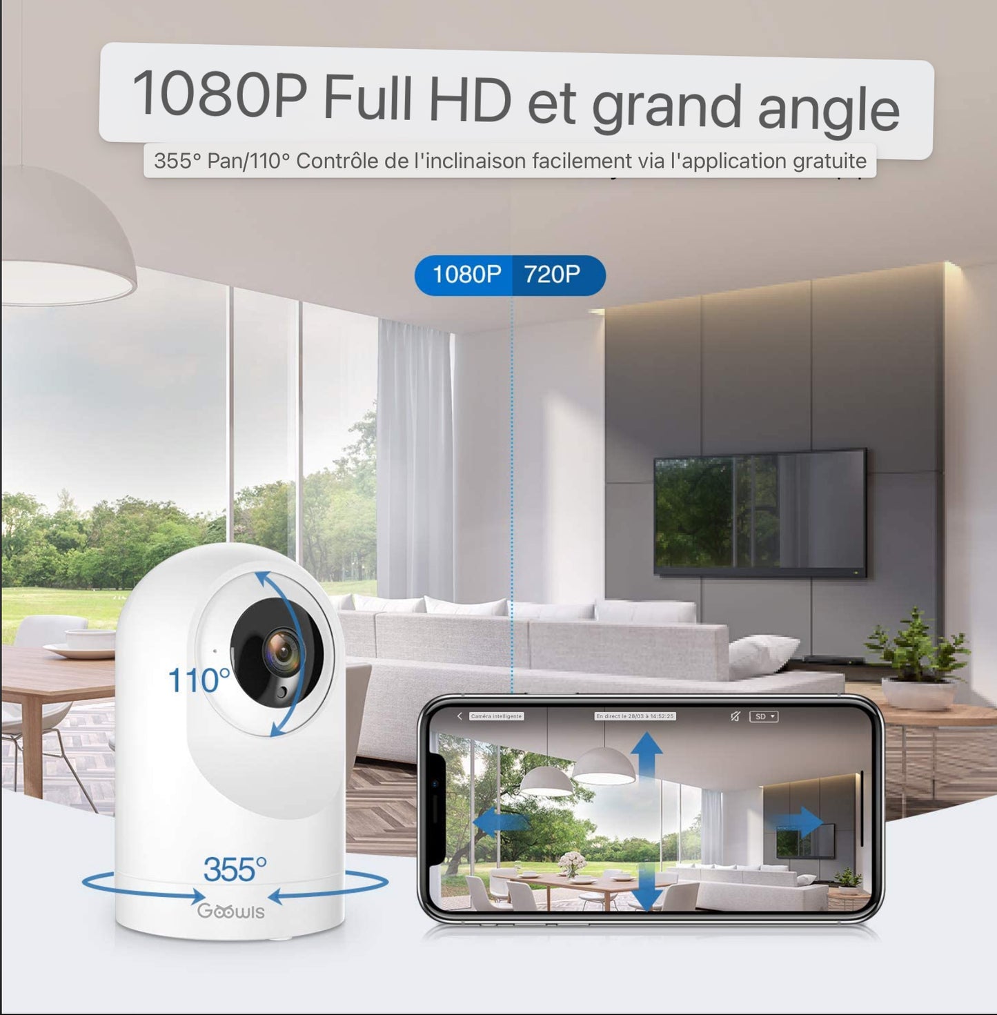Caméra WiFi pour la sécurité domestique 1080P Pan/Tilt 2.4GHz pour moniteur bébé/animal de compagnie/nounou Vision nocturne Détection de mouvement Audio bidirectionnel Fonctionne avec Alexa