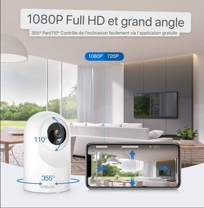Caméra WiFi pour la sécurité domestique 1080P Pan/Tilt 2.4GHz pour moniteur bébé/animal de compagnie/nounou Vision nocturne Détection de mouvement Audio bidirectionnel Fonctionne avec Alexa