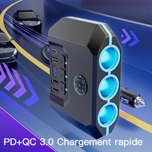 Multiprise Allume Cigare 240W Allume Cigare USB avec Voltmètre LED et Interrupteur,3 Prise Chargeur Allume Cigare USB Rapide,12V/24V Chargeur Voiture USB C pour Voyage Famille