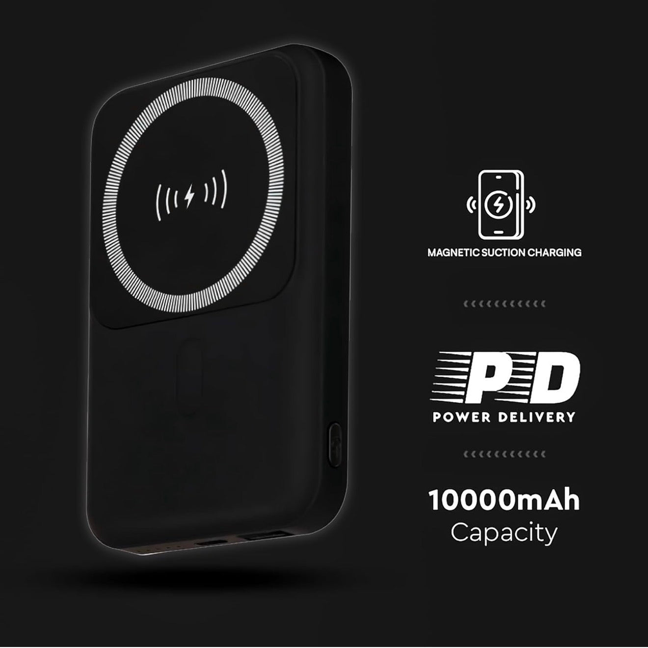 V-TAC Power Bank Magnétique Compatible avec MagSafe - 10 000 mAh - Charge Rapide PD 20 W - Batterie Externe pour Apple iPhone 12/13/14/15/Mini/Pro/Max - Noir