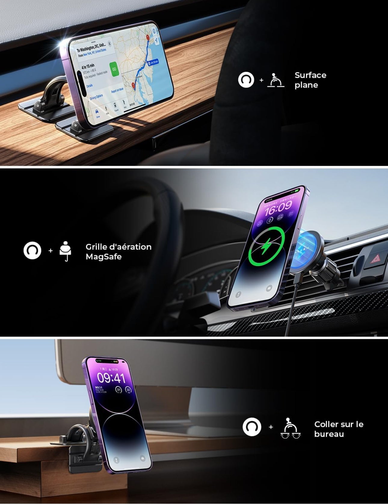 Chargeur sans fils 15W Support Telephone Voiture Induction, Chargeur Magsafe Voiture Rotation à 360°/Puce Intelligente Téléphone Voiture Magnétique Chargeur sans Fil Voiture pour iPhone 15 14 13 Pro Max Samsung
