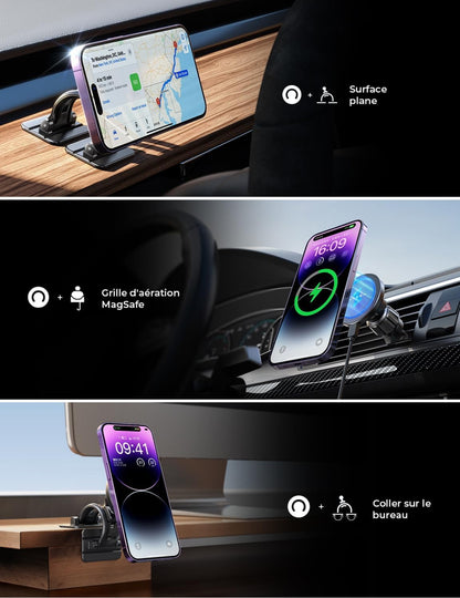 Chargeur sans fils 15W Support Telephone Voiture Induction, Chargeur Magsafe Voiture Rotation à 360°/Puce Intelligente Téléphone Voiture Magnétique Chargeur sans Fil Voiture pour iPhone 15 14 13 Pro Max Samsung