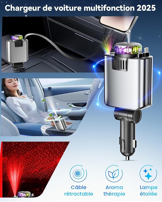 Chargeur 5 en 1 Chargeur Allume Cigare Voiture USB C [Cadeau Fete des Peres & Idee Cadeau Homme Papa Femme] Rétractable Chargeur Voiture avec aromathérapie Voyage Camping Car Accessoires pour iPhone Android