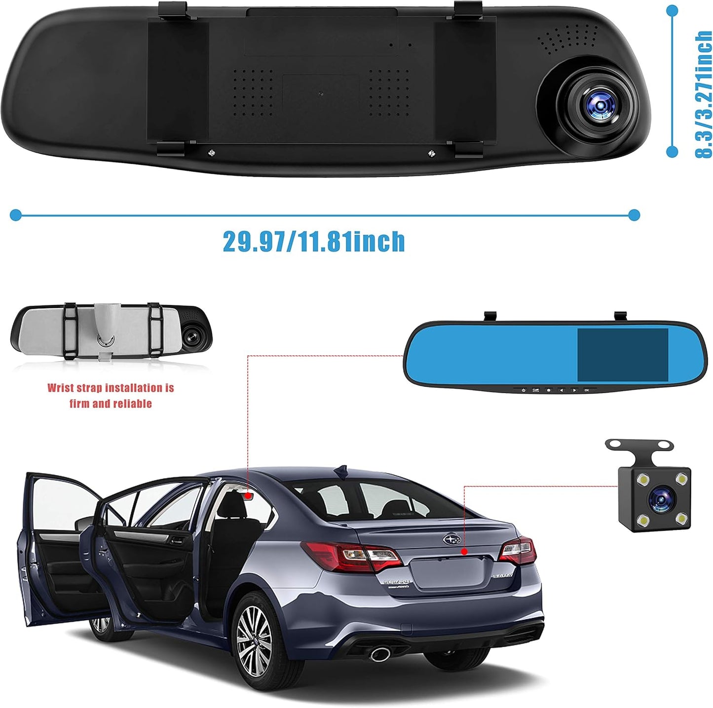 Dash cam 4.3 "1080p à Double Objectif Voiture Auto DVR Miroir Dash Cam enregistreur + Kit caméra de Vue arrière