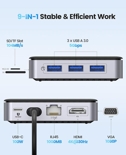 Hub USB C 9 en 1 Station d'accueil avec 1080P VGA & 4K HDMI, PD 100W, Ethernet 1000M, SD/TF, 3 Ports 5Gbps USB A 3.0, Type C Multi Docking Station pour MacBook Air Pro M2 M1 iPad Surface Dell Hp