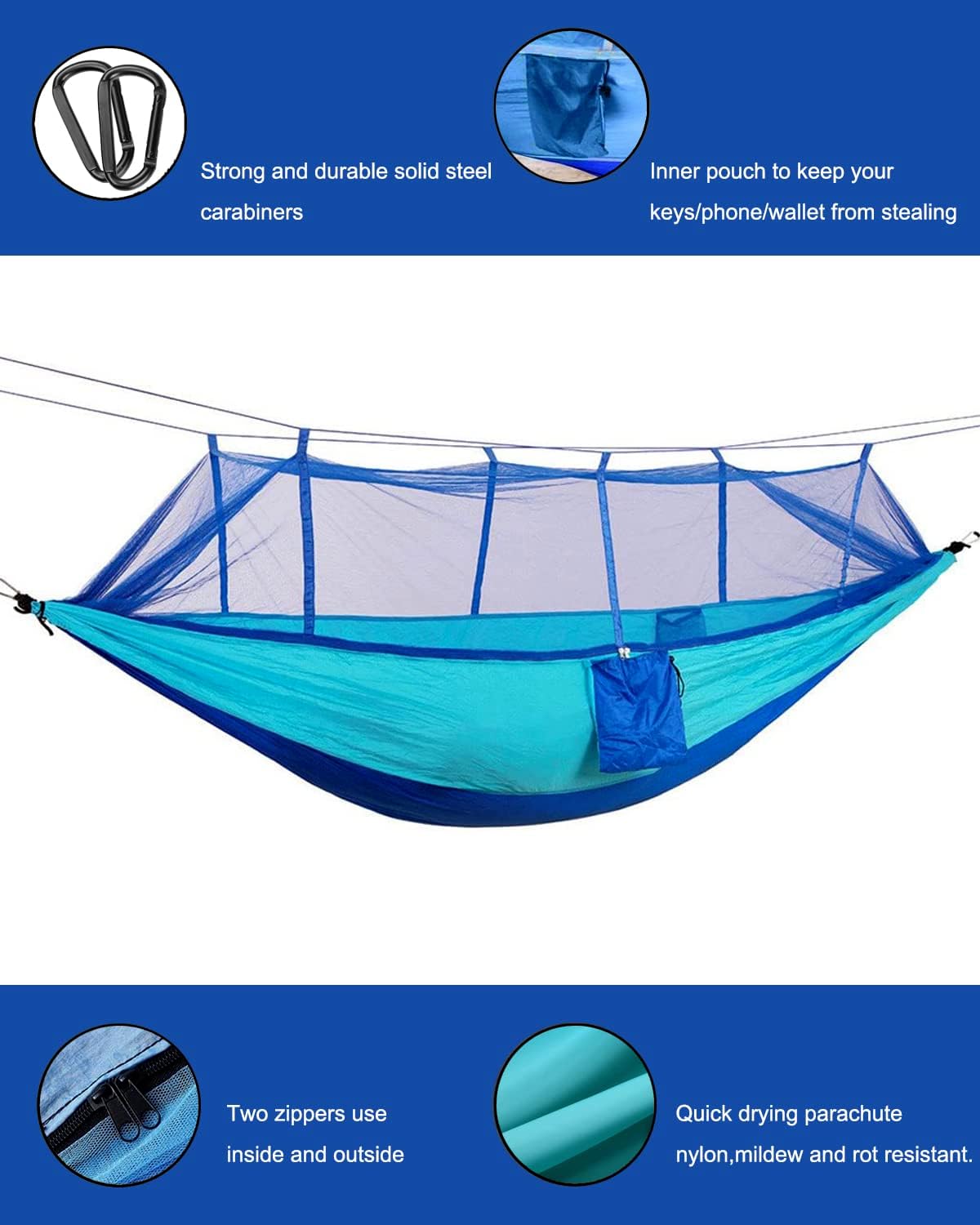 Hamac de Camping avec Moustiquaire, Ultra-léger Hamac de Voyage, 260 x 140cm, 300kg Capacité de Charge, 2 Personnes Nylon Respirante Portable Hamac pour Jardin Camping Extérieur (Bleu)