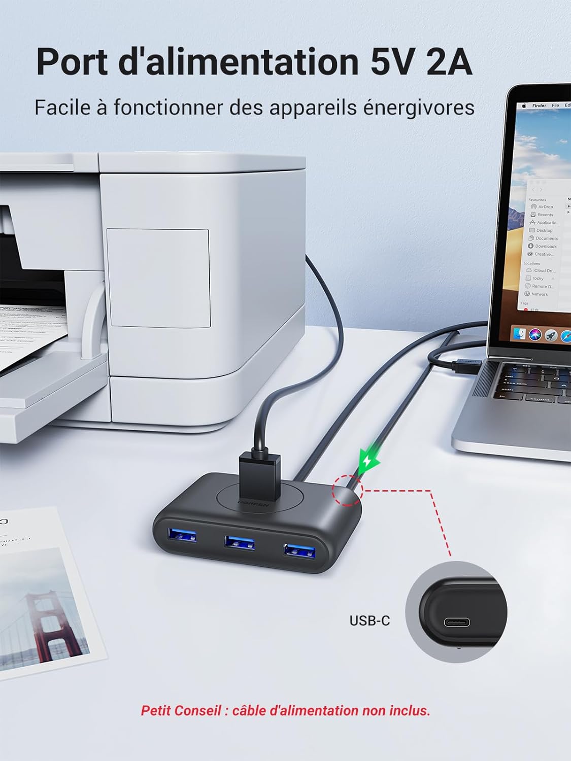 UGREEN Hub USB 3.0 vers 4 Ports USB 5Gbps Transfert Rapide Hub Multiple USB Compatible avec Souris Clavier Disque Dur, PC PS5 PS4 Pro Slim Xbox One MacBook USB A, Windows MacOS Linux, 1M Câble