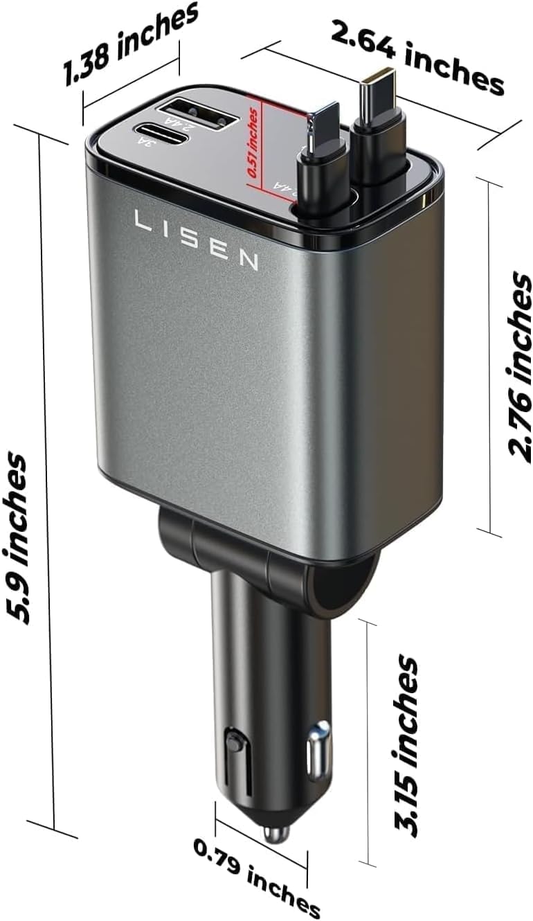 Chargeur Voiture USB C 69W 4 en 1 Rétractable[Câble Magique & Rebond Instantané] Chargeur Allume Cigare Voyage Camping Car Accessoires, Cadeau Maman Papa Cadeau Fête Des Meres pour iPhone 16 15