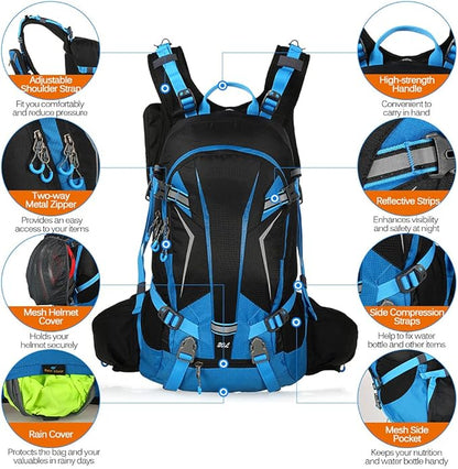 Sac à dos 20L Résistant à l'eau Vélo Sac Pack Sports de Plein Air Equitation Voyage Camping Randonnée avec Housse de Pluie Housse de Casque