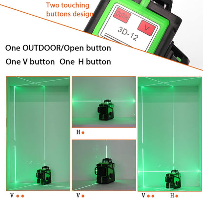 Niveau Laser Vert en 3 x 360 3D 12 Lignes avec Fonction 3° D'auto-Nivellement Auto-équilibrage du Niveau Laser Multifonctionnel 12 Lignes Lignes Horizontales Verticales a Trépied (1 Batteries)