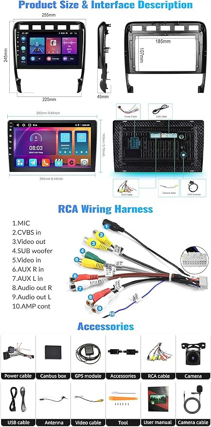 Autoradio pour Porsche Cayenne 2G+32G Android 13 2002-2010 avec CarPlay Android Auto