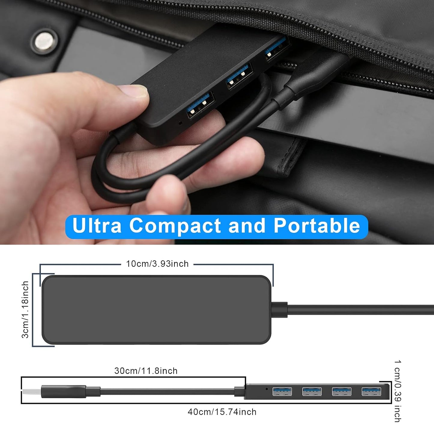 Hub USB 3.0 Multi USB 4 Ports 3.0 5Gbps Adaptateur Portable Multi Data Hub avec Câble de 30mm Compatible pour Macbook/Mac Pro/Mini/iMac/Surface Pro/XPS/Notebook PC, Plug-et-Play