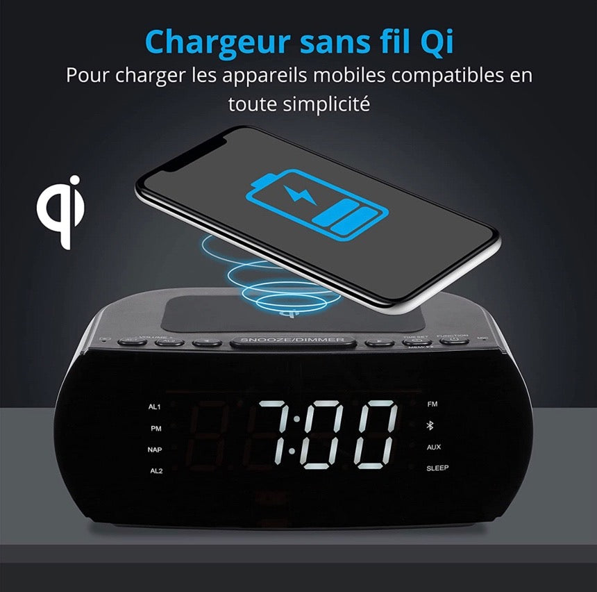 Radio-réveil avec Station de Charge sans Fil, Qi Pad de Charge Rapide iPhone Samsung, Bluetooth
