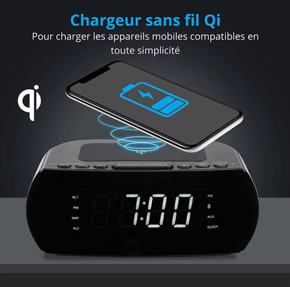 Radio-réveil avec Station de Charge sans Fil, Qi Pad de Charge Rapide iPhone Samsung, Bluetooth