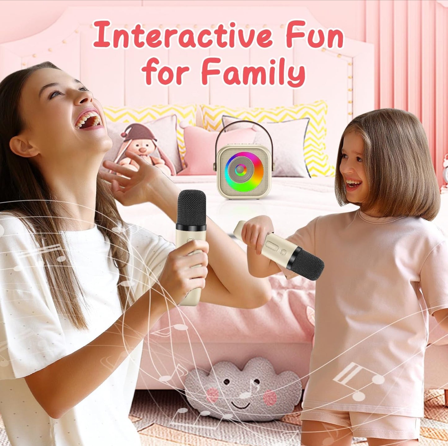 Machine à Karaoké pour Enfants 3-12 Ans - Micro sans Fil Bluetooth, 2 Micros, Lumières LED, Transformateur de Voix - Cadeau Anniversaire Fille/Garçon, Jeux de Musique Famille - Batterie Rechargeable