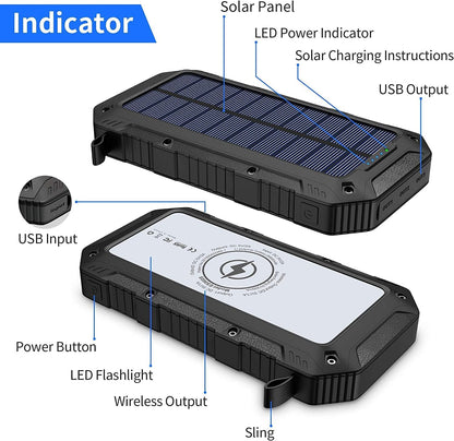 Batterie Externe Solaire 26800mAh,Chargeur Solaire avec 3 Outputs Batterie Externe avec Lampe de Poche Wireless Chargeur Portable pour Camping Outdoor Compatible avec Phone, Android