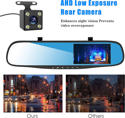 Dash cam 4.3 "1080p à Double Objectif Voiture Auto DVR Miroir Dash Cam enregistreur + Kit caméra de Vue arrière