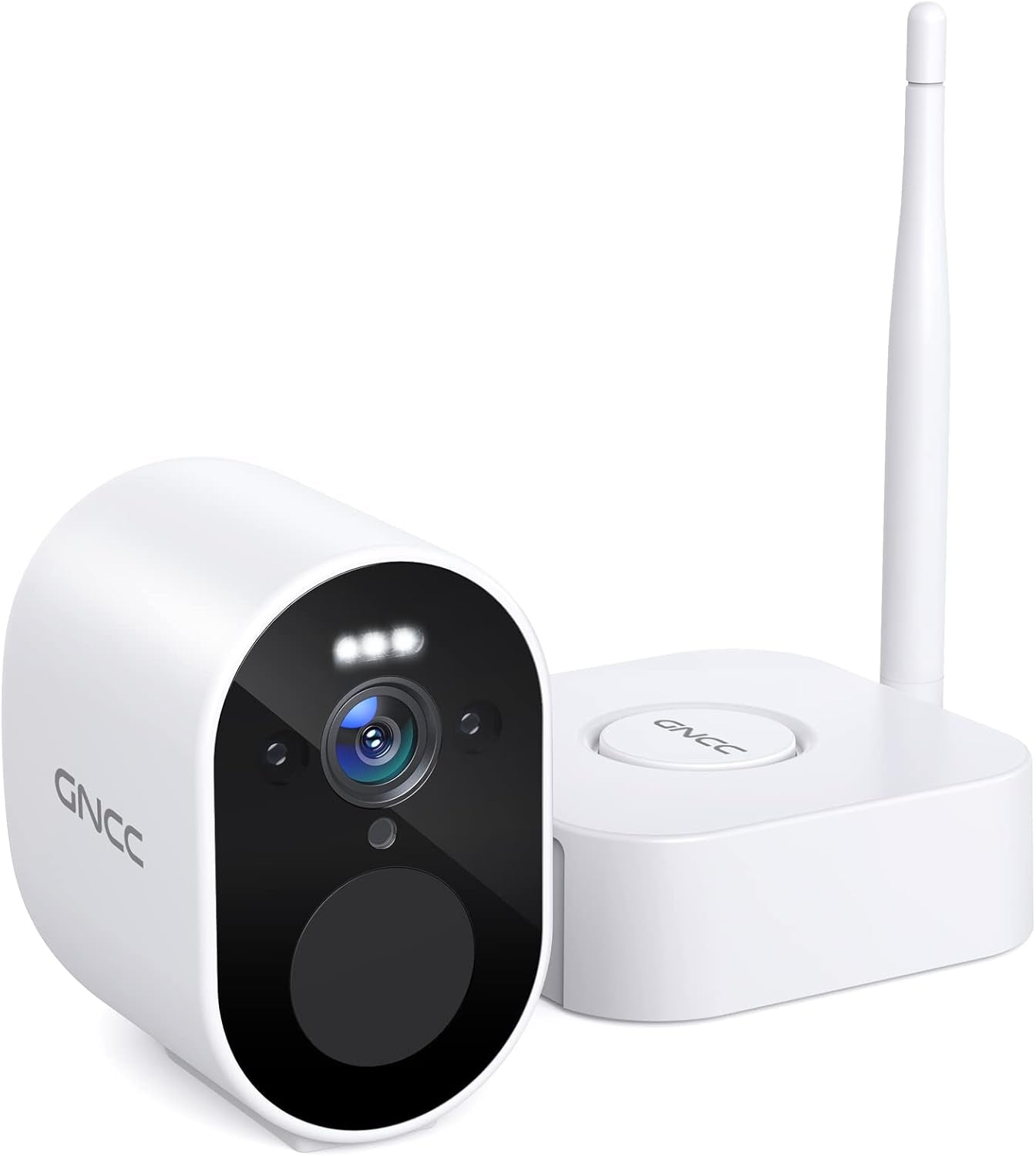 GNCC W1 Caméra de sécurité sans fil avec passerelle, alimentation par piles 2,4 G, caméra de sécurité domestique avec projecteur, vision nocturne couleur FHD 1080p, détection PIR, étanche, sans frais mensuels